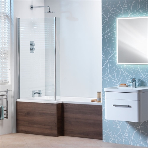 Vermont 'L' Shaped Shower Bath, Vermont Screen & Wooden Front Panel (Standard & Superspec) - 1500 & 1700mm