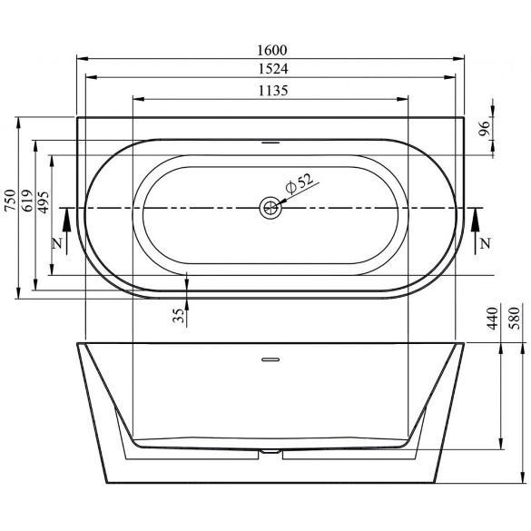 Aveiro Freestanding Bath - 1600 x 750mm